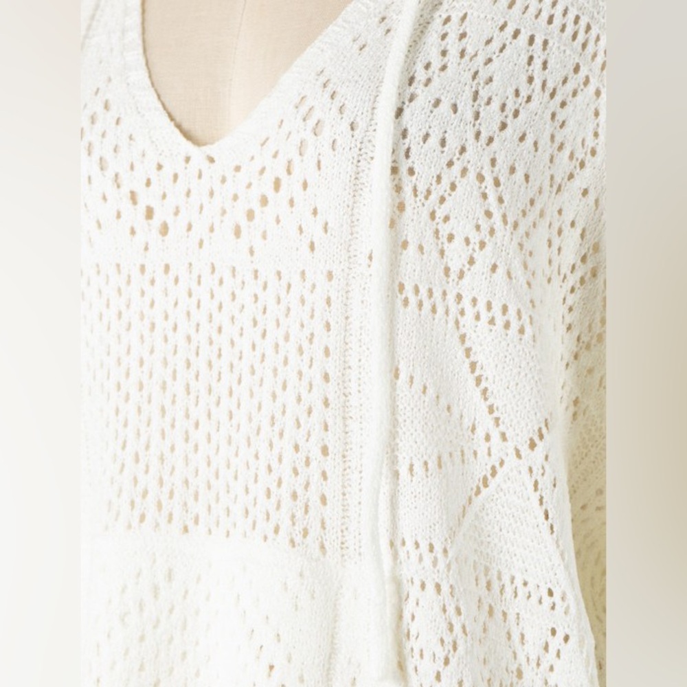 Ivory Crochet Multi Knit Pattern Hoodie With Pocket - Picture 4 of 4